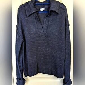 Wonderly Women's Oversized Black V-Neck Slub Collared Sweater Medium